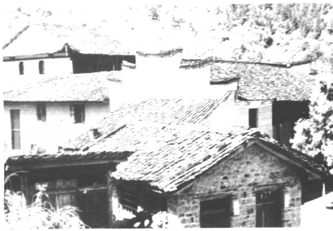 山坡下一组砖木结构民房建筑的黑白历史照片